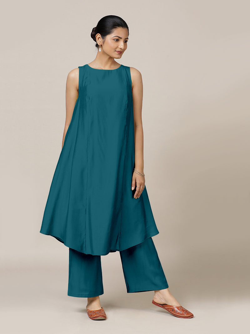 Anoki x Rozaana | A Line Kurta in Crystal Teal with Thread Work | Coords or Only Kurta-Binks