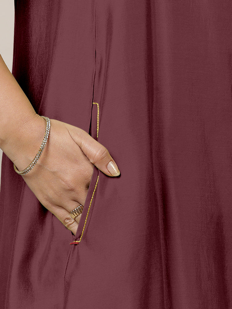 Anoki x Rozaana Kurta, in Maroon Viscose, featuring sleeveless and boat neckline, made for daily & work (view 3).