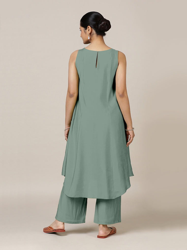 Anoki x Rozaana Kurta, in Green Viscose, featuring sleeveless and boat neckline, made for daily & work (view 2).