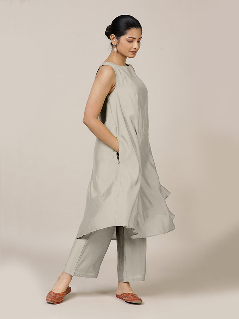 Anoki x Rozaana | A Line Kurta in Oyster Grey with Thread Work | Coords or Only Kurta-Binks