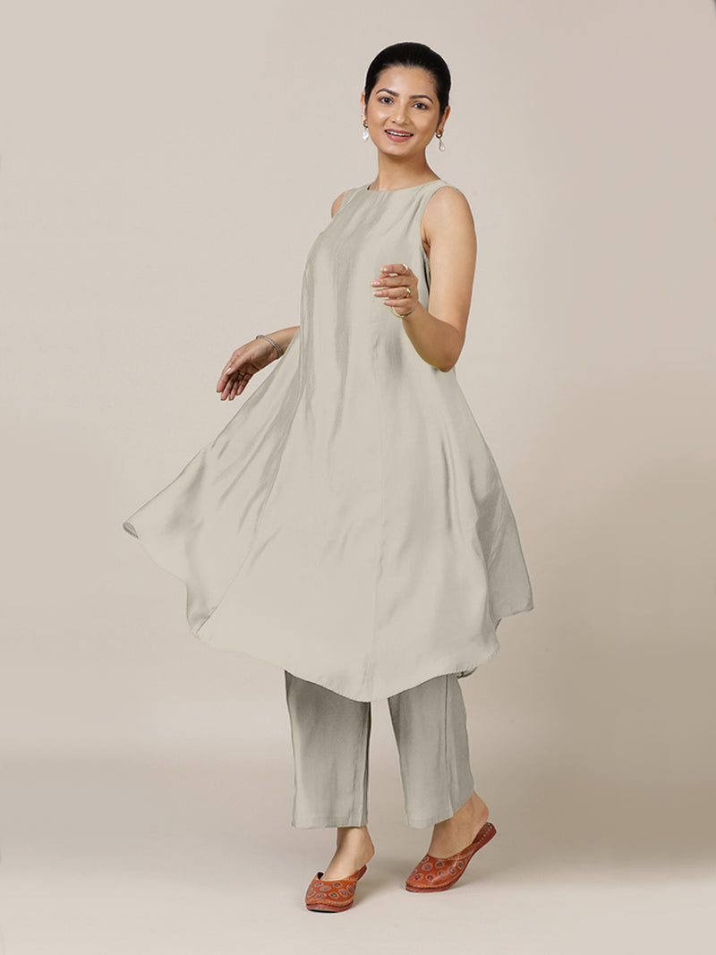Anoki x Rozaana | A Line Kurta in Oyster Grey with Thread Work | Coords or Only Kurta-Binks