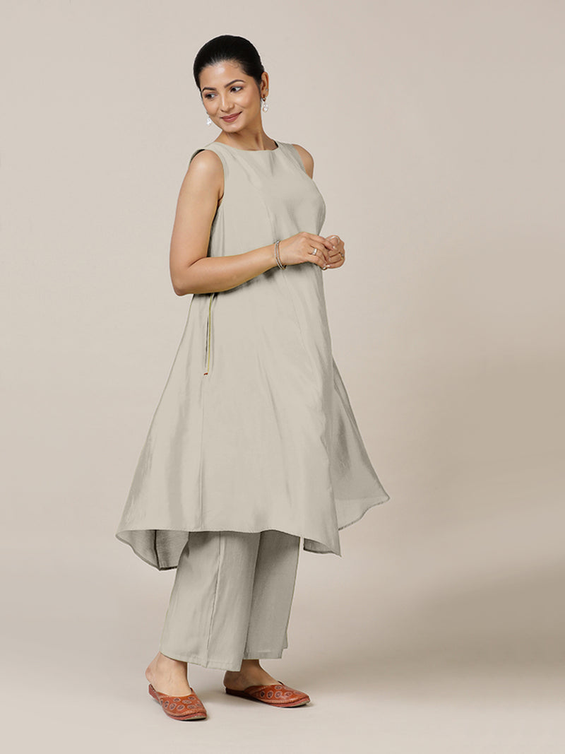 Anoki x Rozaana | A Line Kurta in Oyster Grey with Thread Work | Coords or Only Kurta-Binks