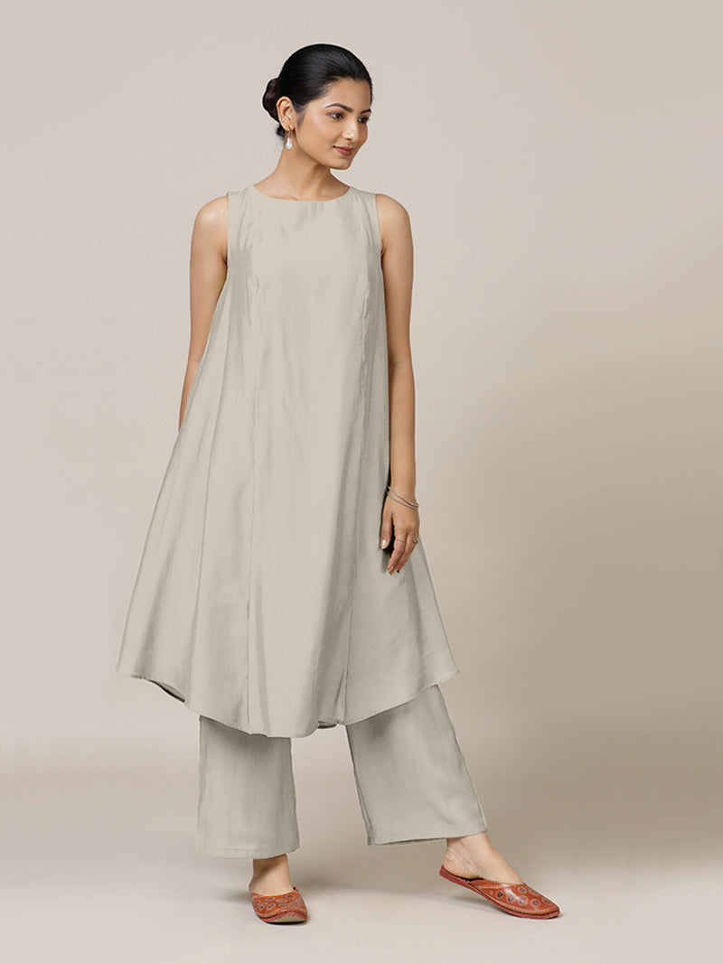 Anoki x Rozaana | A Line Kurta in Oyster Grey with Thread Work | Coords or Only Kurta-Binks