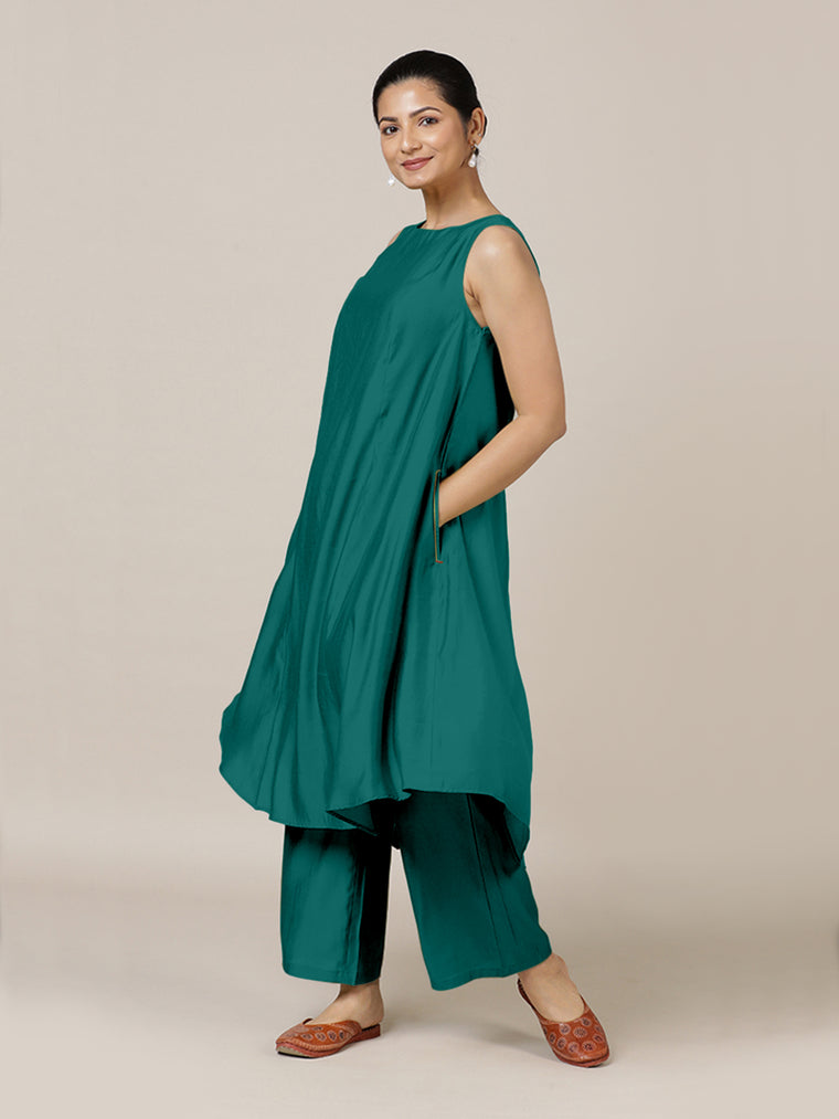 Anoki x Rozaana Kurta, in Green Viscose, featuring sleeveless and boat neckline, made for daily & work.
