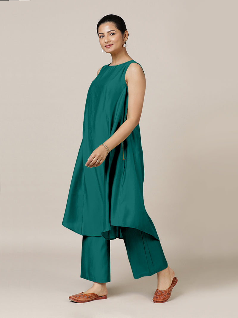 Anoki x Rozaana | A Line Kurta in Peacock Green with Thread Work | Coords or Only Kurta-Binks