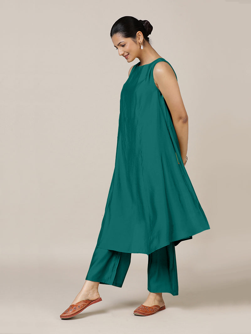 Anoki x Rozaana | A Line Kurta in Peacock Green with Thread Work | Coords or Only Kurta-Binks