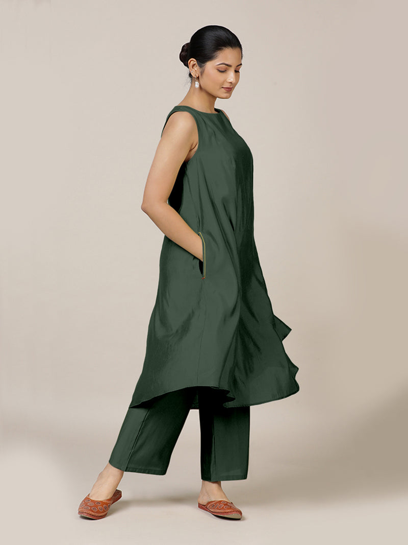 Anoki x Rozaana | A Line Kurta in Pine Green with Thread Work | Coords or Only Kurta-Binks