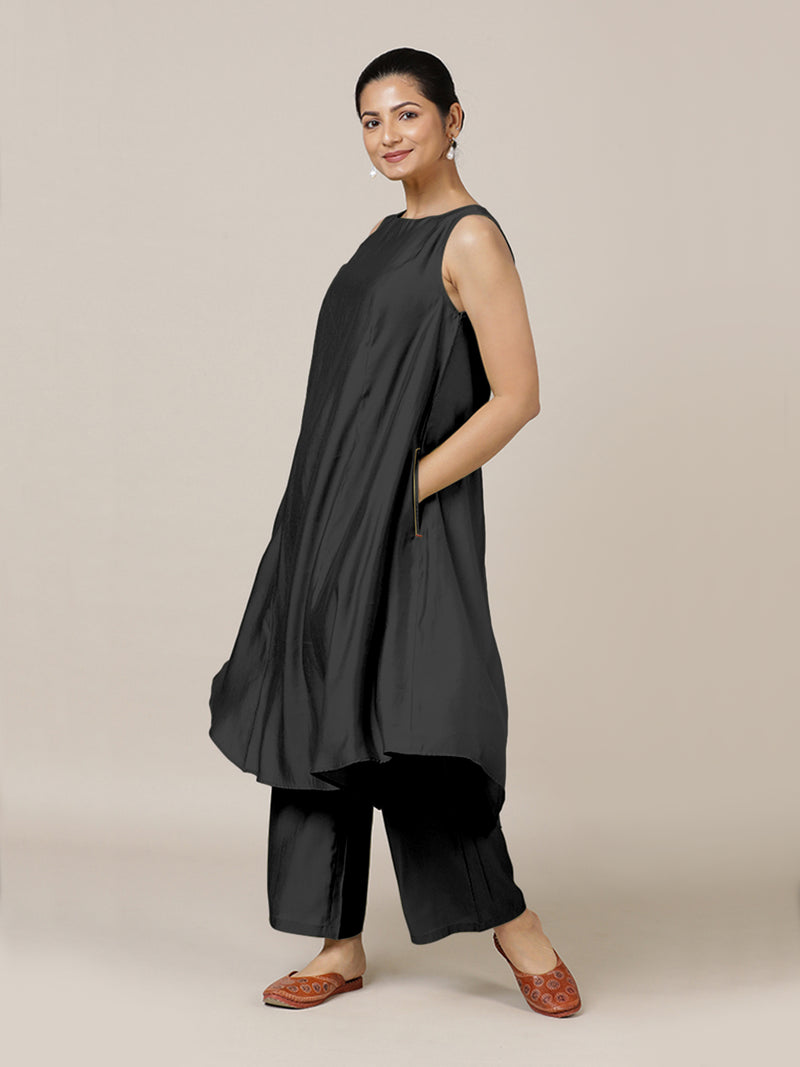 Anoki x Rozaana | A Line Kurta in Raven Black with Thread Work | Coords or Only Kurta-Binks