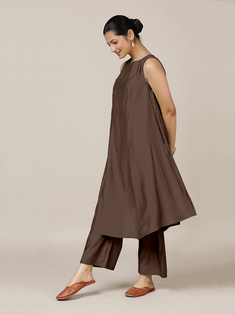 Anoki x Rozaana | A Line Kurta in Walnut Brown with Thread Work | Coords or Only Kurta-Binks