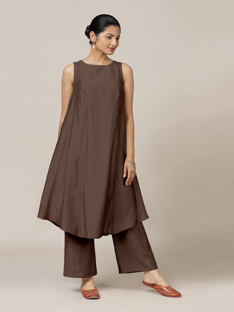 Anoki x Rozaana | A Line Kurta in Walnut Brown with Thread Work | Coords or Only Kurta-Binks