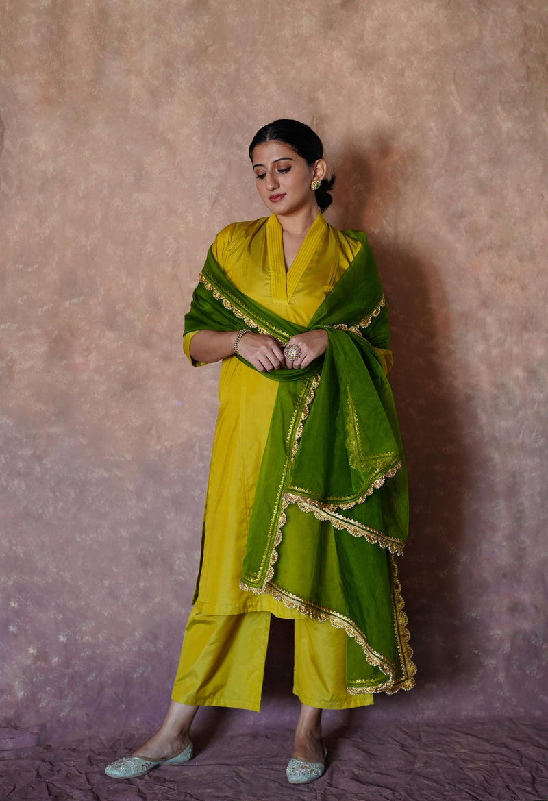 Barkha x Tyohaar | Lemon Yellow A-Line Art Silk V Neck Kurta with Detailing | Coords or Only Kurta-Binks