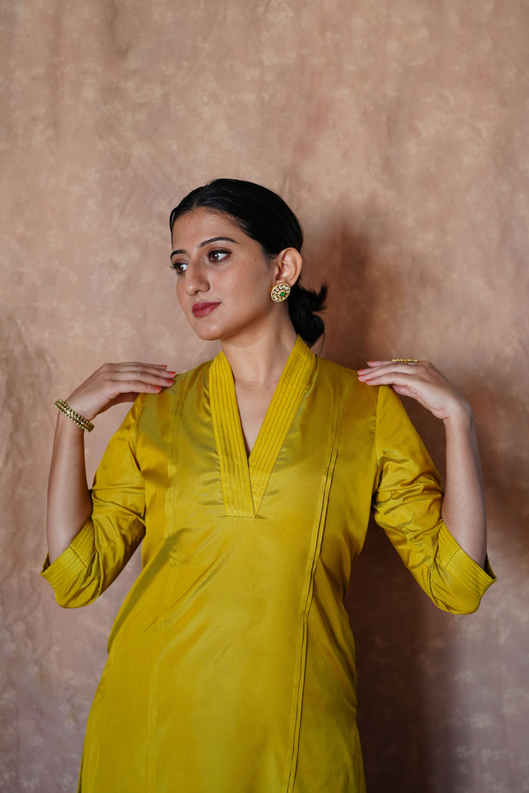 Barkha x Tyohaar Kurta, in Yellow Vegan Silk, featuring three quarter sleeves and overlap v-neckline, made for daily & work.