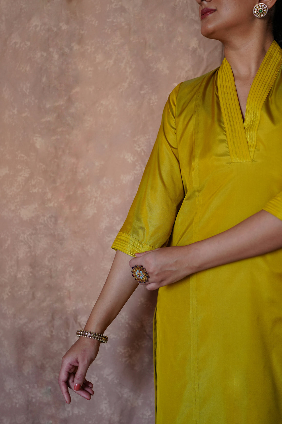 Barkha x Tyohaar Kurta, in Yellow Vegan Silk, featuring three quarter sleeves and overlap v-neckline, made for daily & work.