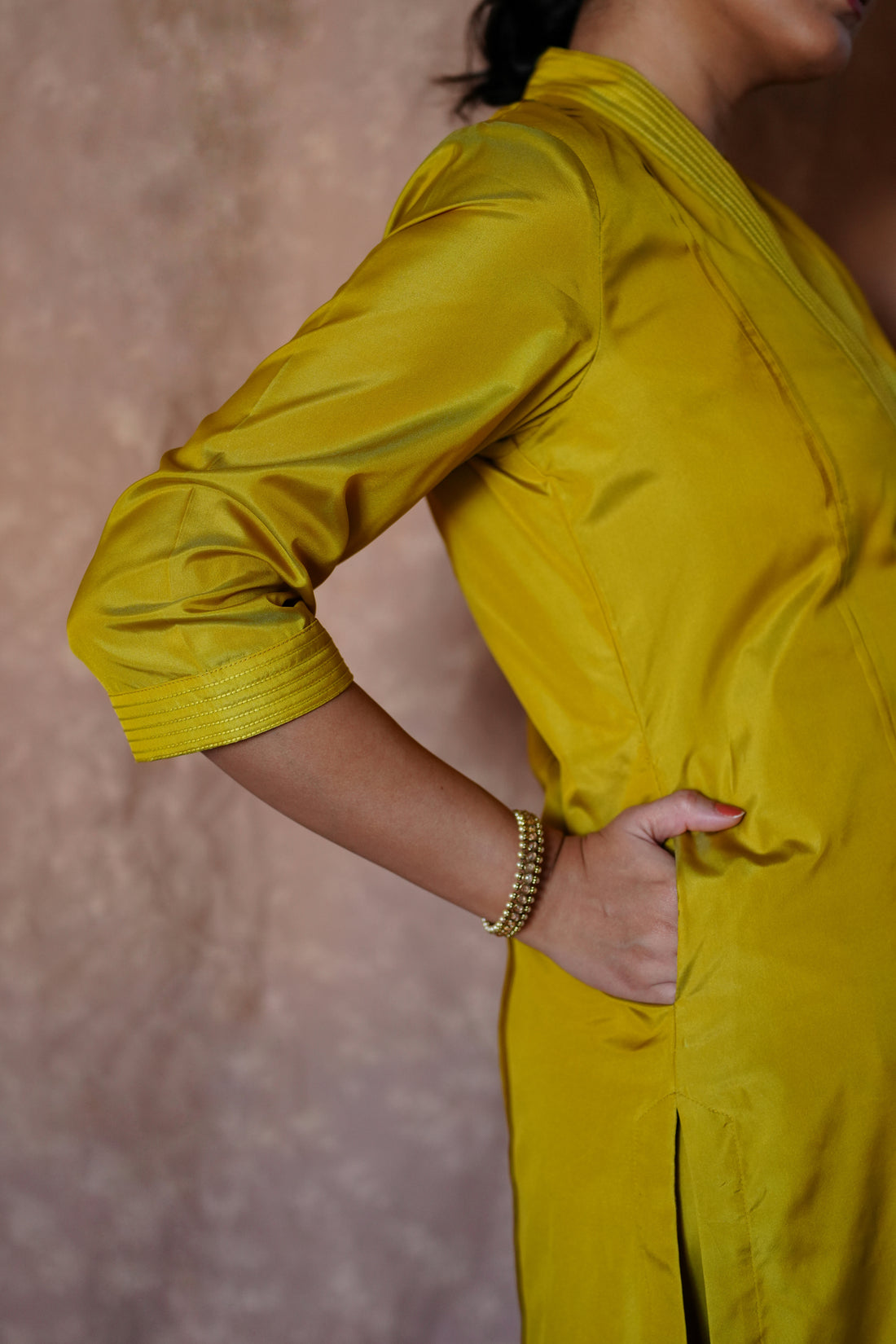 Barkha x Tyohaar Kurta, in Yellow Vegan Silk, featuring three quarter sleeves and overlap v-neckline, made for daily & work.
