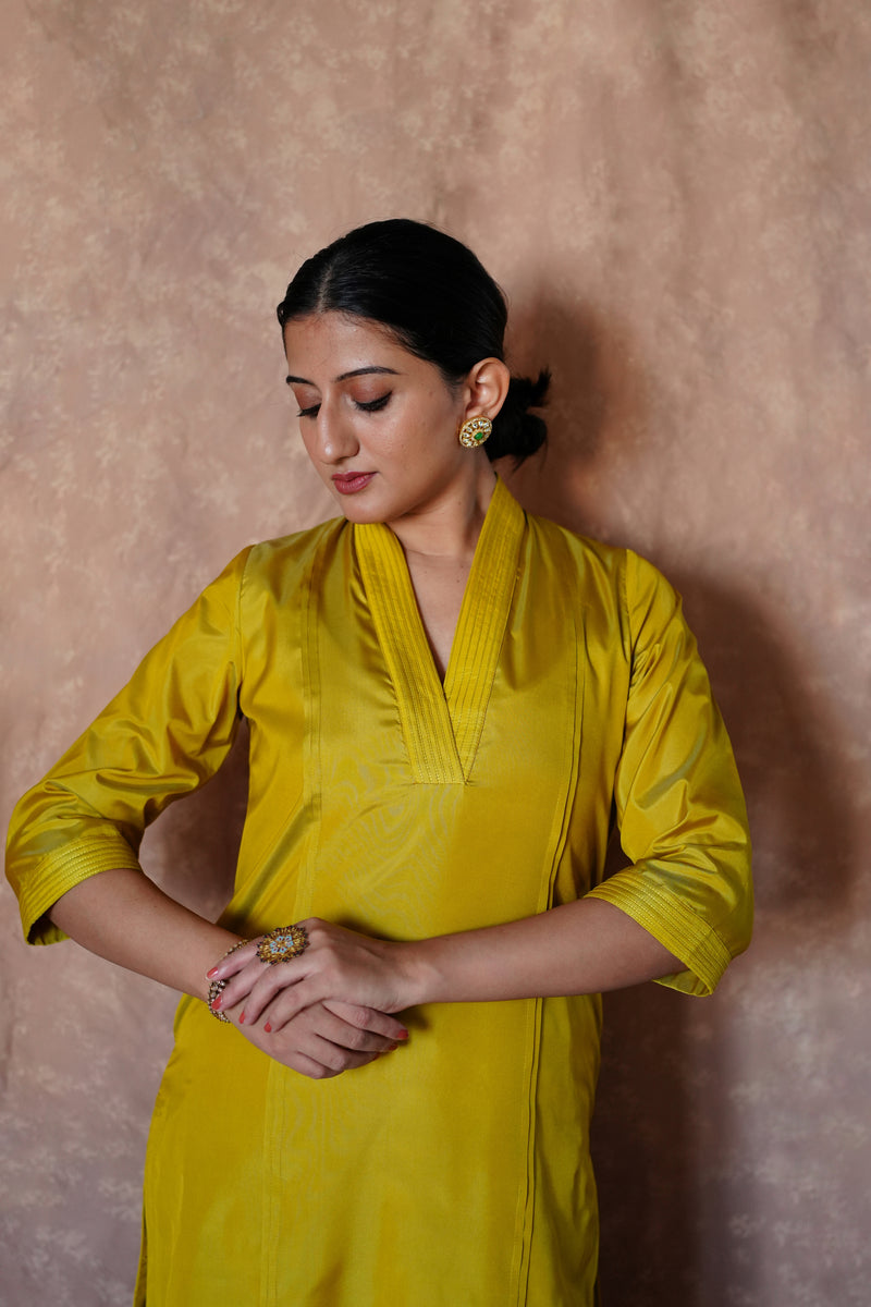 Barkha x Tyohaar | Lemon Yellow A-Line Art Silk V Neck Kurta with Detailing | Coords or Only Kurta-Binks