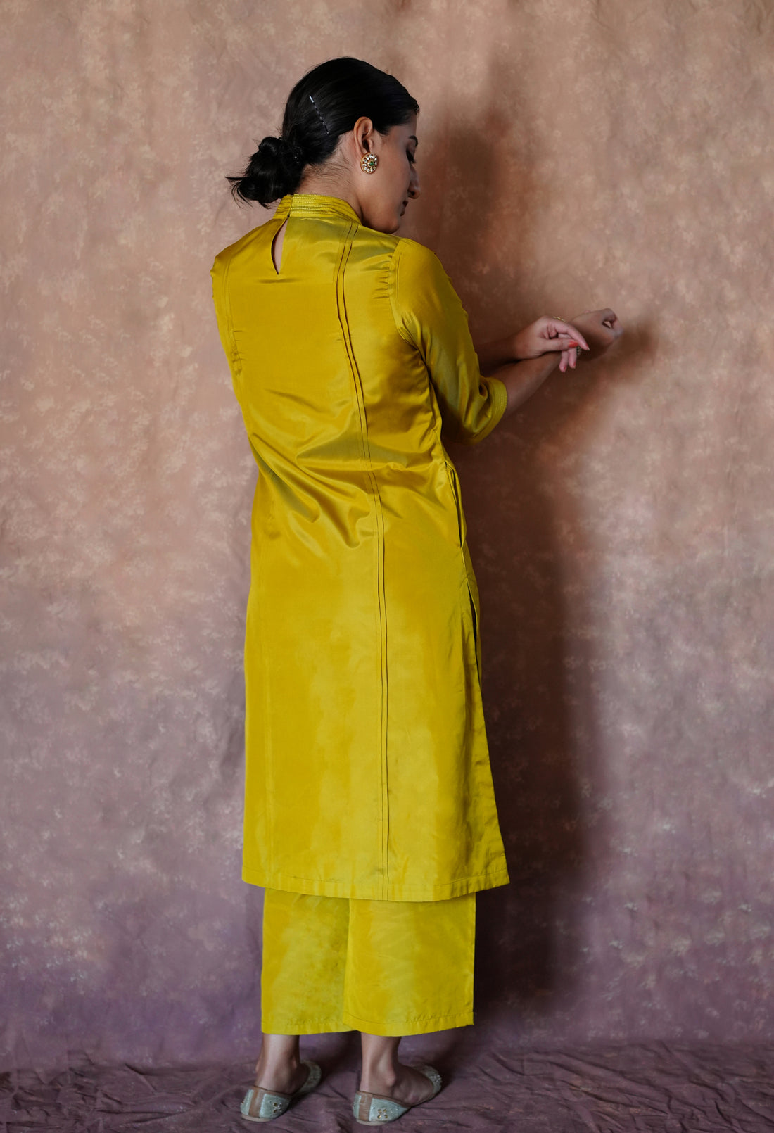 Barkha x Tyohaar Kurta, in Yellow Vegan Silk, featuring three quarter sleeves and overlap v-neckline, made for daily & work.