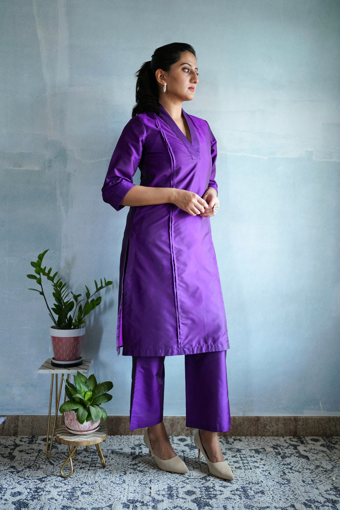Barkha x Tyohaar Kurta, in Purple Vegan Silk, featuring three quarter sleeves and overlap v-neckline, made for daily & work.