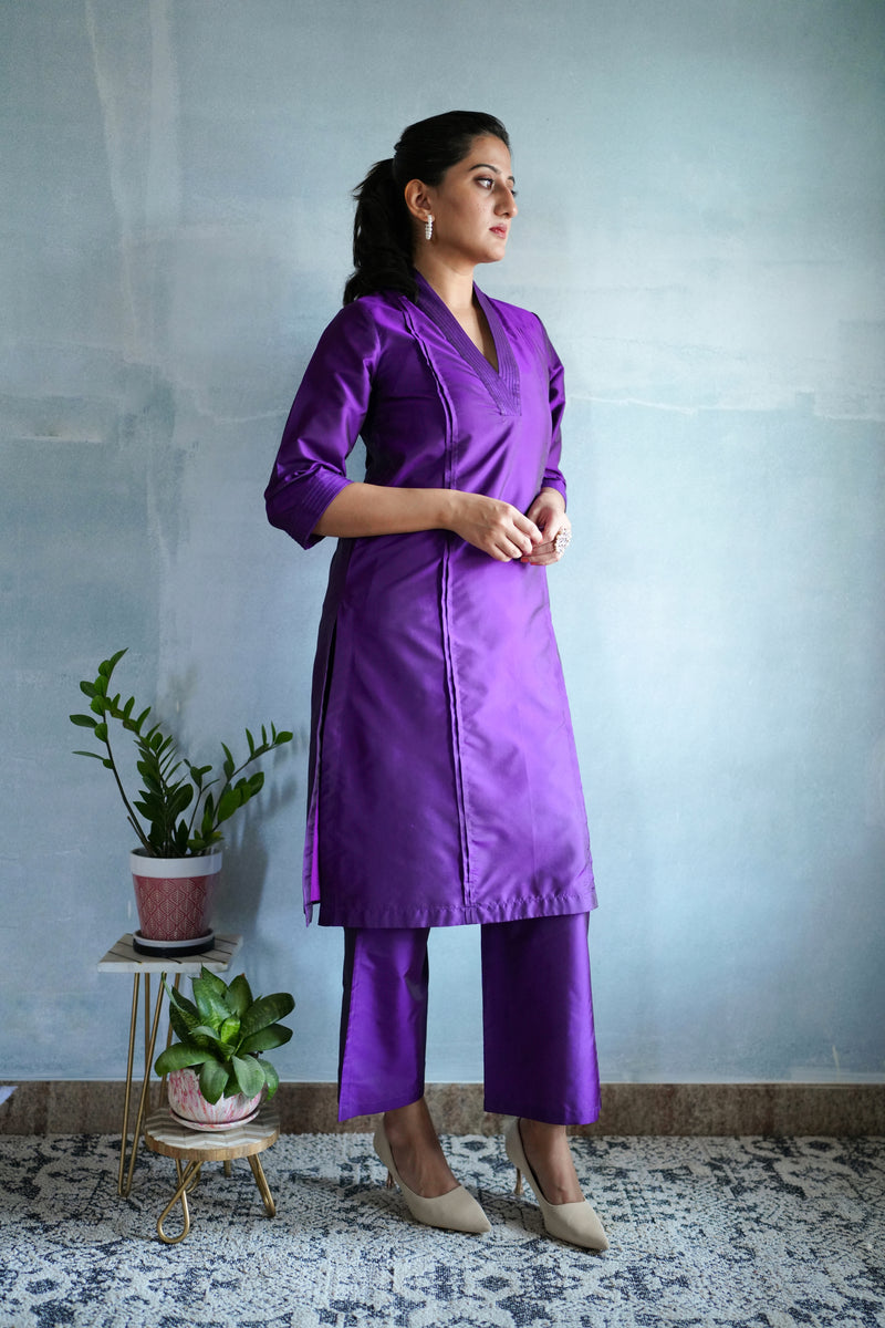 Barkha x Tyohaar | Purple A-Line Art Silk V Neck Kurta with Detailing | Coords or Only Kurta-Binks