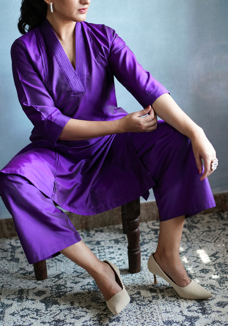 Barkha x Tyohaar Kurta, in Purple Vegan Silk, featuring three quarter sleeves and overlap v-neckline, made for daily & work.