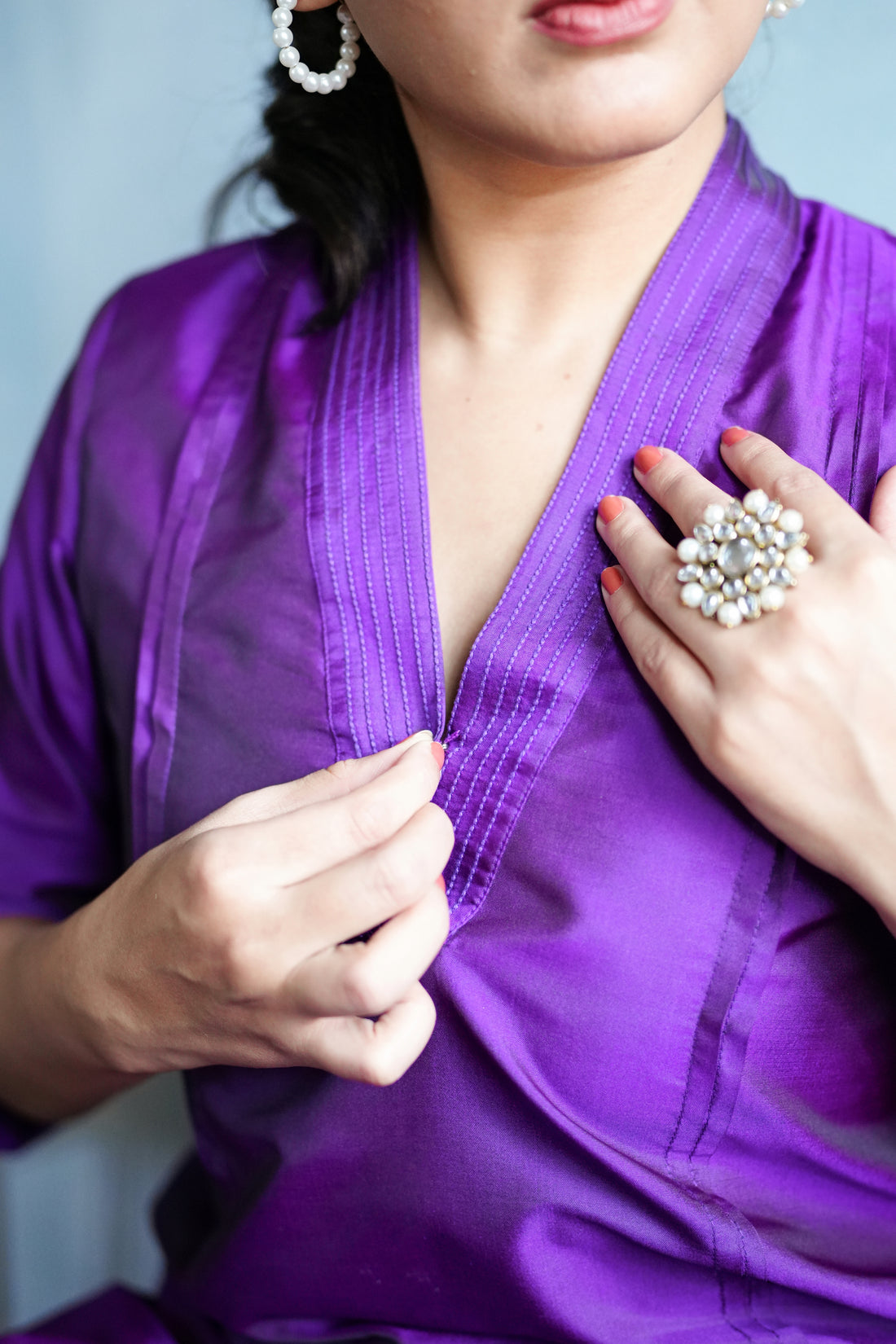 Barkha x Tyohaar Kurta, in Purple Vegan Silk, featuring three quarter sleeves and overlap v-neckline, made for daily & work.