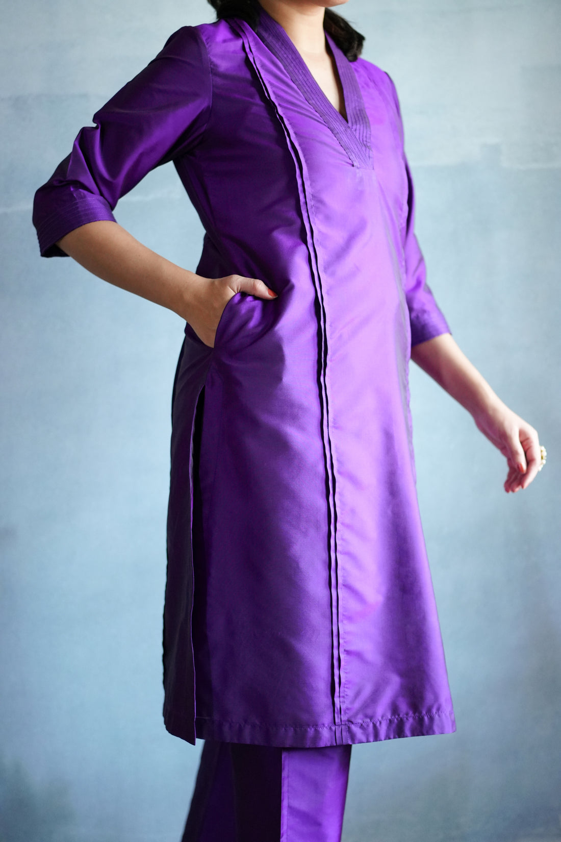 Barkha x Tyohaar Kurta, in Purple Vegan Silk, featuring three quarter sleeves and overlap v-neckline, made for daily & work.