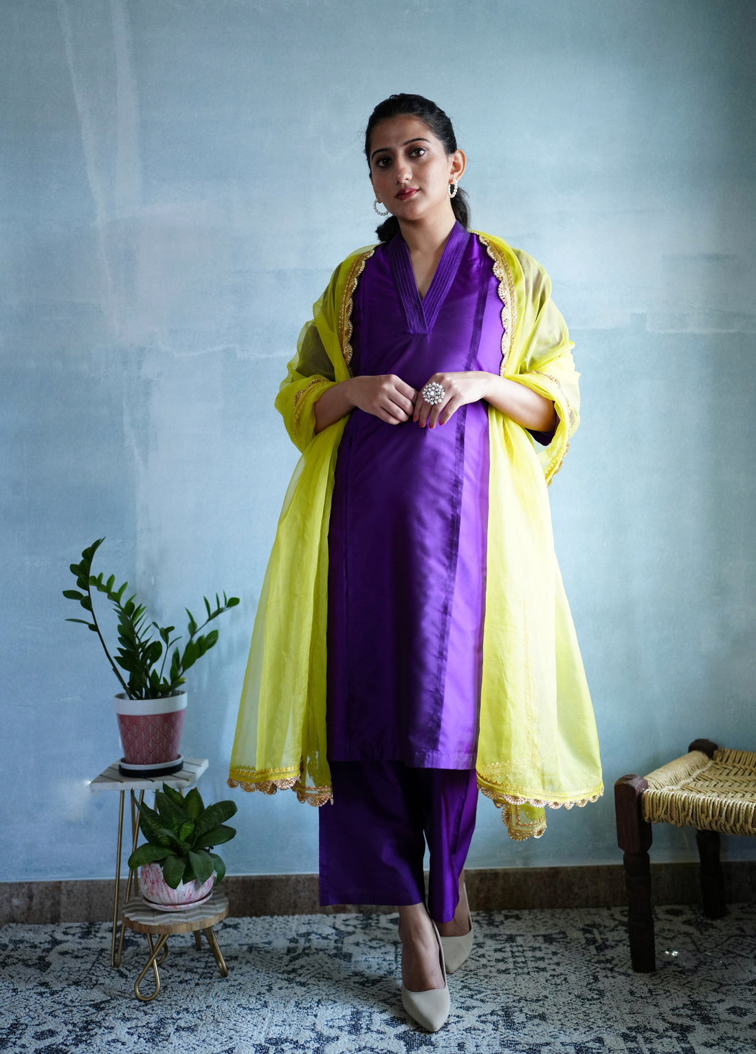 Barkha x Tyohaar Kurta, in Purple Vegan Silk, featuring three quarter sleeves and overlap v-neckline, made for daily & work.