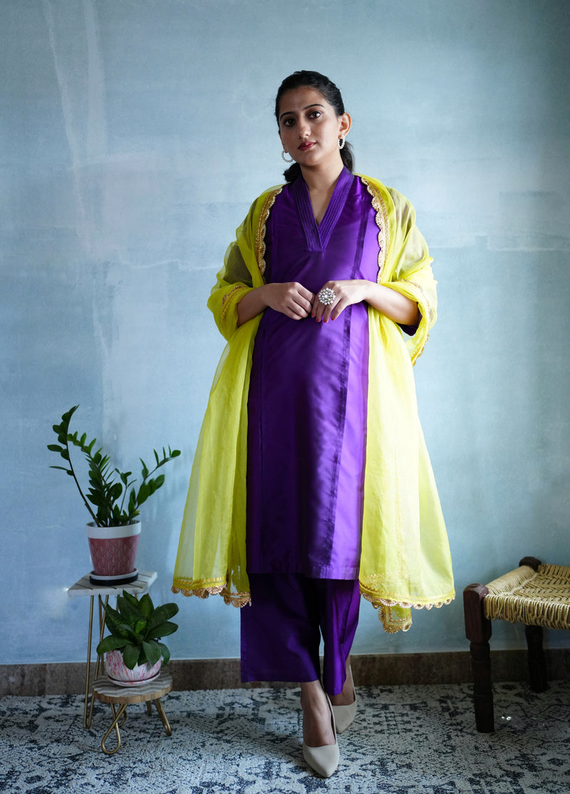 Barkha x Tyohaar | Purple A-Line Art Silk V Neck Kurta with Detailing | Coords or Only Kurta-Binks