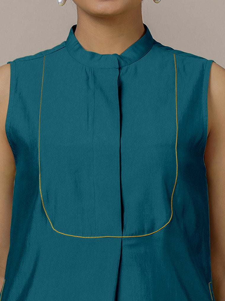 Eira x Rozaana Kurta, in Blue Viscose, featuring sleeveless and band collar neckline, made for daily & work (view 3).
