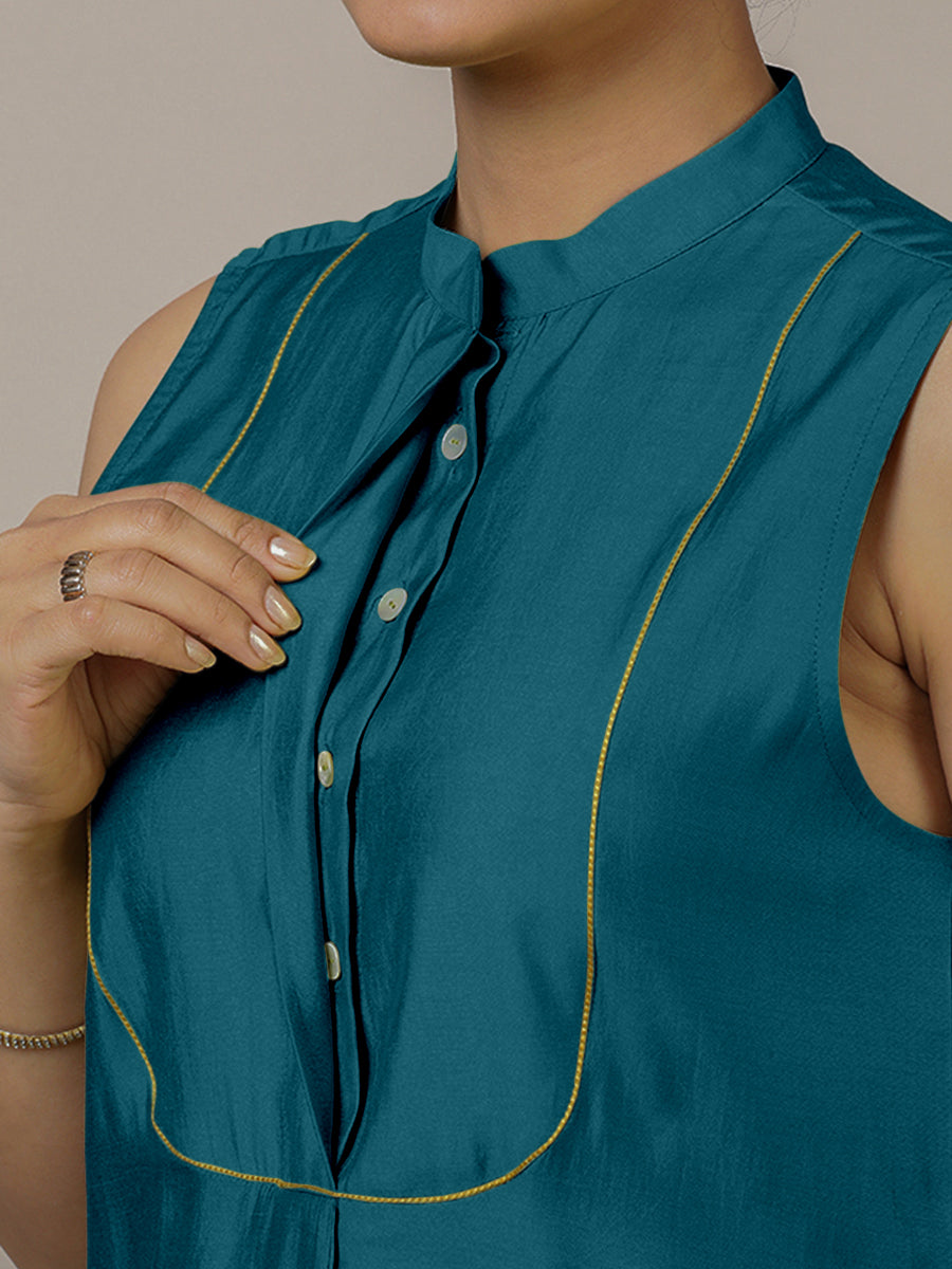 Eira x Rozaana Kurta, in Blue Viscose, featuring sleeveless and band collar neckline, made for daily & work (view 4).