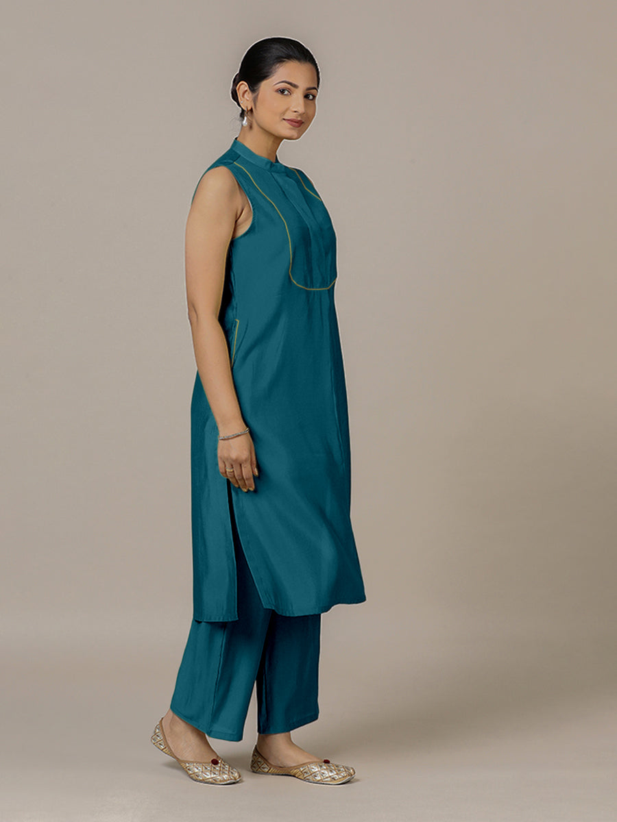 Eira x Rozaana Kurta, in Blue Viscose, featuring sleeveless and band collar neckline, made for daily & work (view 7).