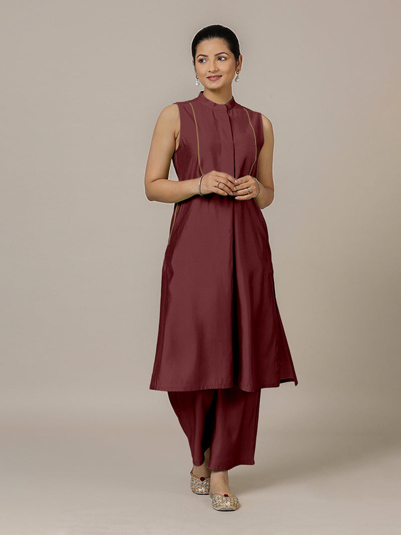 Eira x Rozaana | A Line Kurta w/ Mandarin Collar in Deep Maroon | Coords or Only Kurta-Binks