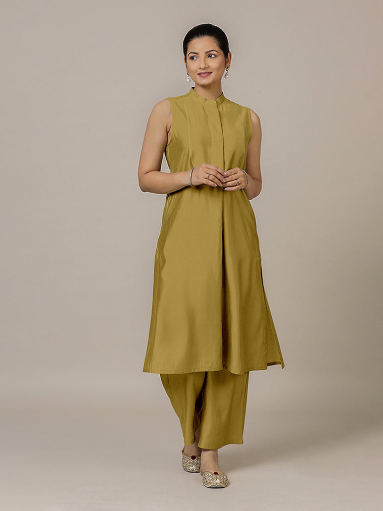 Eira x Rozaana Kurta, in Yellow Viscose, featuring sleeveless and band collar neckline, made for daily & work.