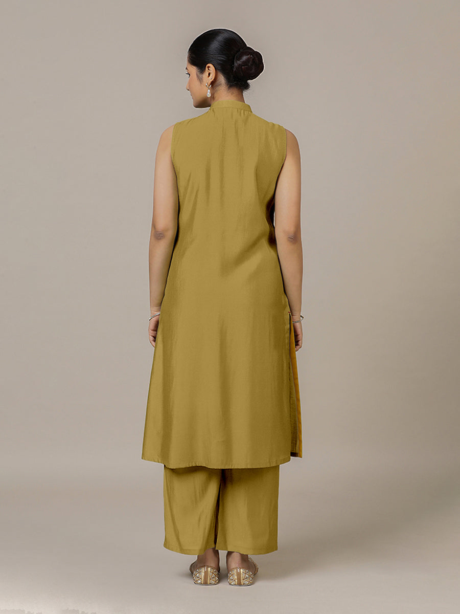 Eira x Rozaana Kurta, in Yellow Viscose, featuring sleeveless and band collar neckline, made for daily & work (view 2).