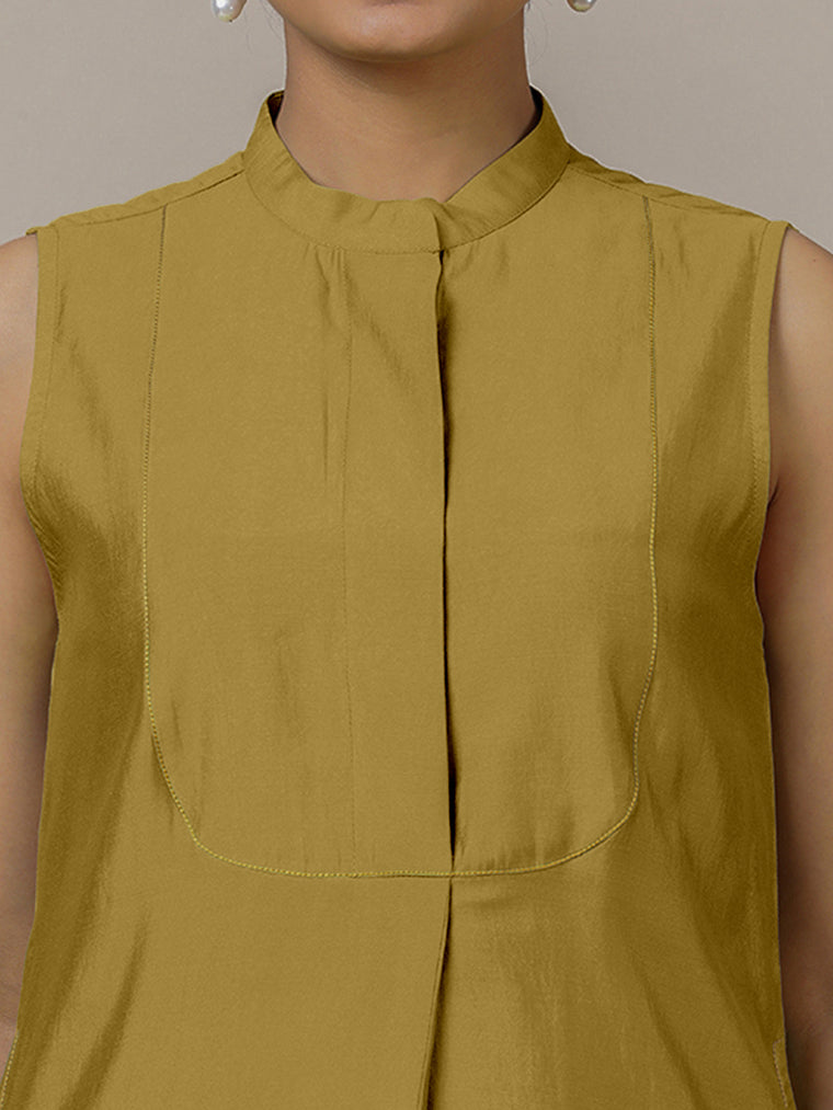Eira x Rozaana Kurta, in Yellow Viscose, featuring sleeveless and band collar neckline, made for daily & work (view 3).