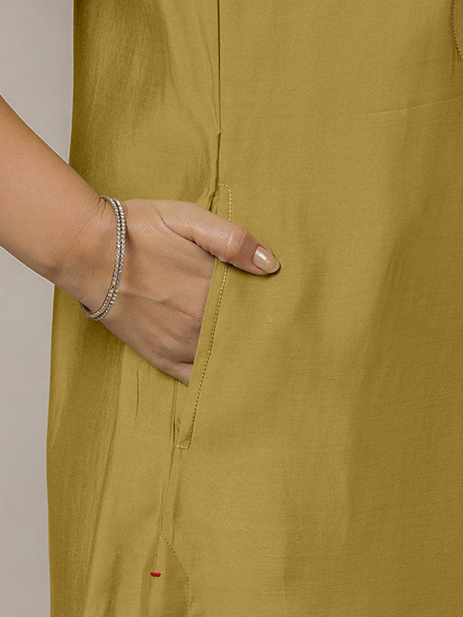 Eira x Rozaana Kurta, in Yellow Viscose, featuring sleeveless and band collar neckline, made for daily & work (view 5).