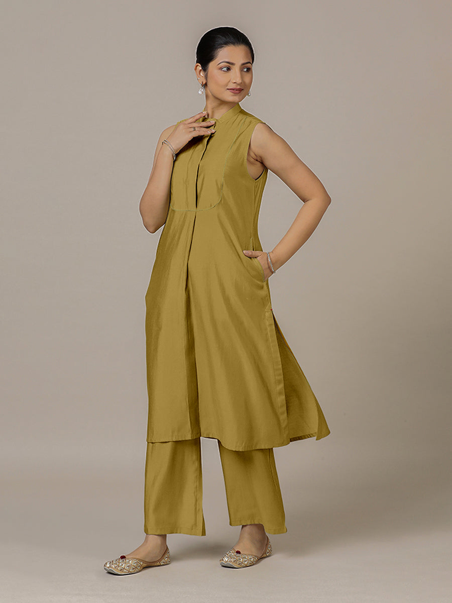 Eira x Rozaana Kurta, in Yellow Viscose, featuring sleeveless and band collar neckline, made for daily & work (view 8).