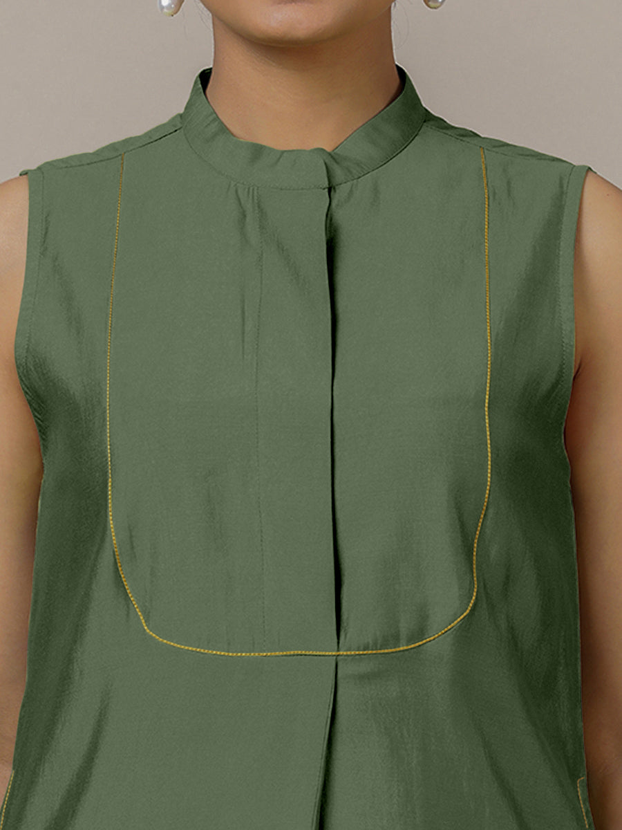 Eira x Rozaana Kurta, in Green Viscose, featuring sleeveless and band collar neckline, made for daily & work (view 3).