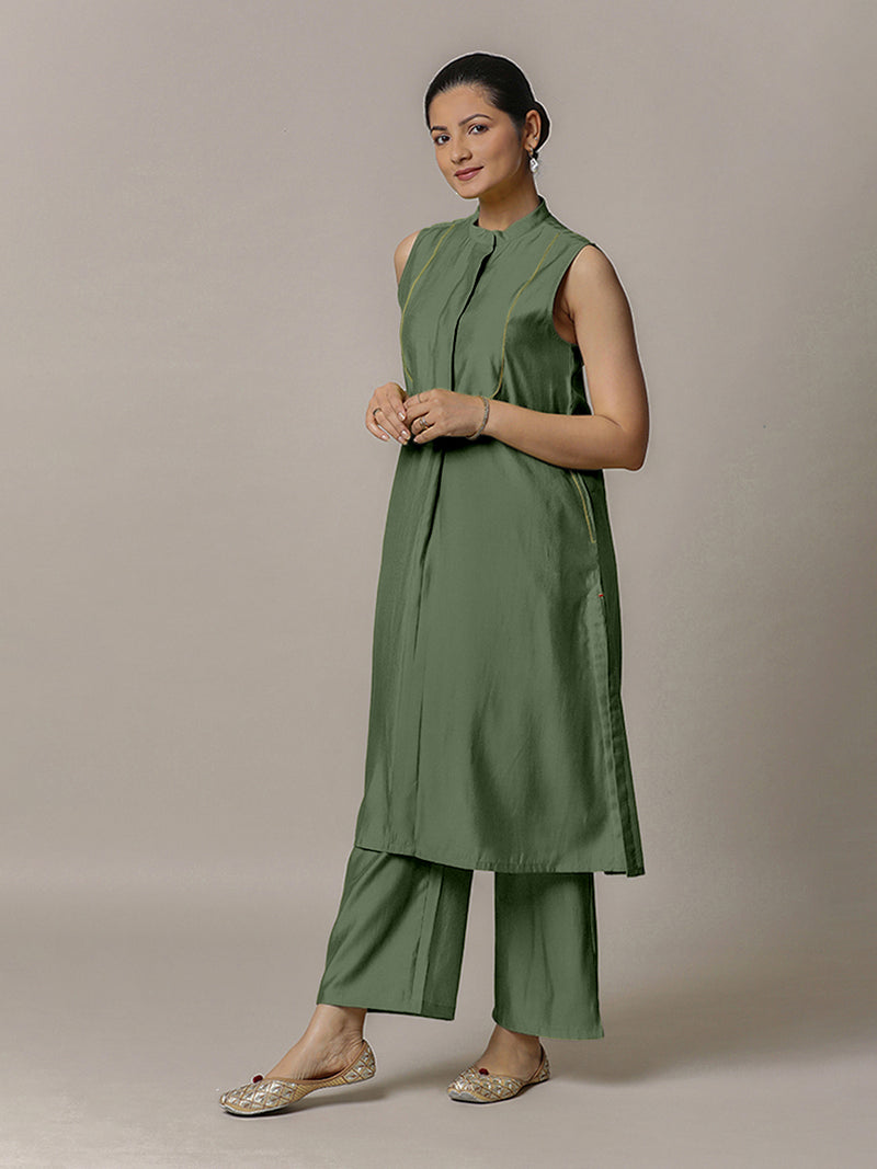 Eira x Rozaana | A Line Kurta w/ Mandarin Collar in Hunter Green | Coords or Only Kurta-Binks