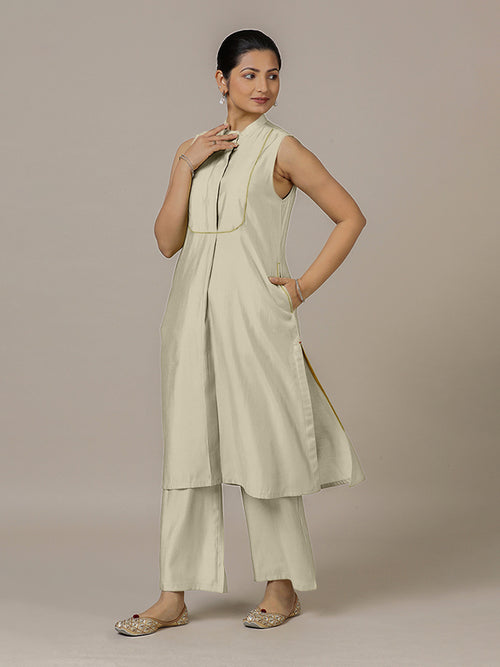 Eira x Rozaana Kurta, in Cream Viscose, featuring sleeveless and band collar neckline, made for daily & work.