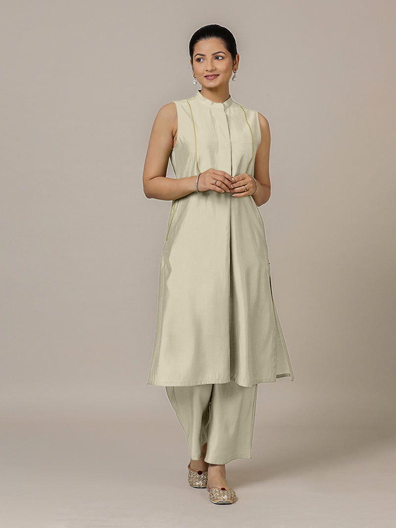 Eira x Rozaana | A Line Kurta w/ Mandarin Collar in Ivory | Coords or Only Kurta-Binks