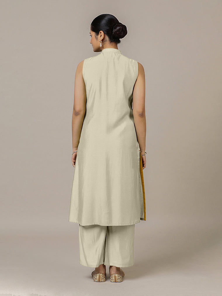 Eira x Rozaana Kurta, in Cream Viscose, featuring sleeveless and band collar neckline, made for daily & work (view 2).