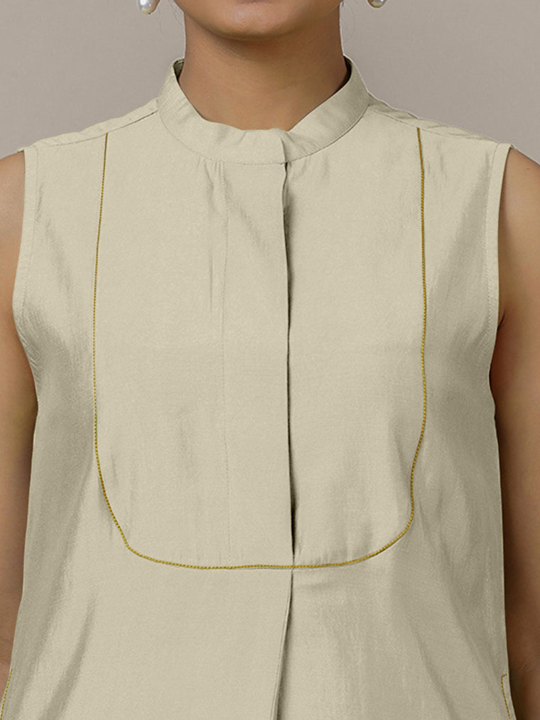 Eira x Rozaana Kurta, in Cream Viscose, featuring sleeveless and band collar neckline, made for daily & work (view 3).
