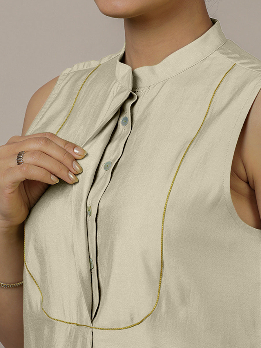Eira x Rozaana Kurta, in Cream Viscose, featuring sleeveless and band collar neckline, made for daily & work (view 4).
