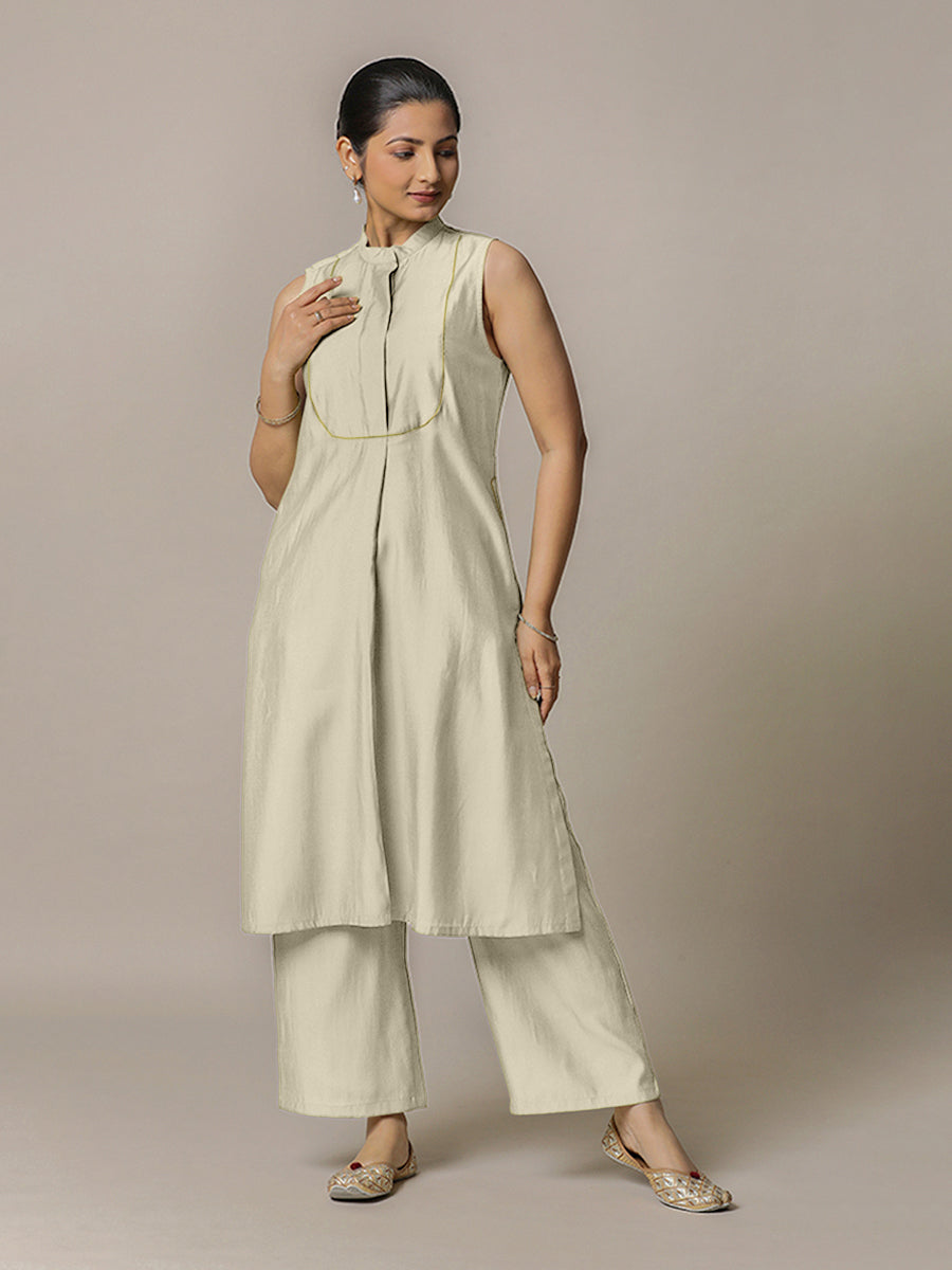 Eira x Rozaana Kurta, in Cream Viscose, featuring sleeveless and band collar neckline, made for daily & work (view 6).