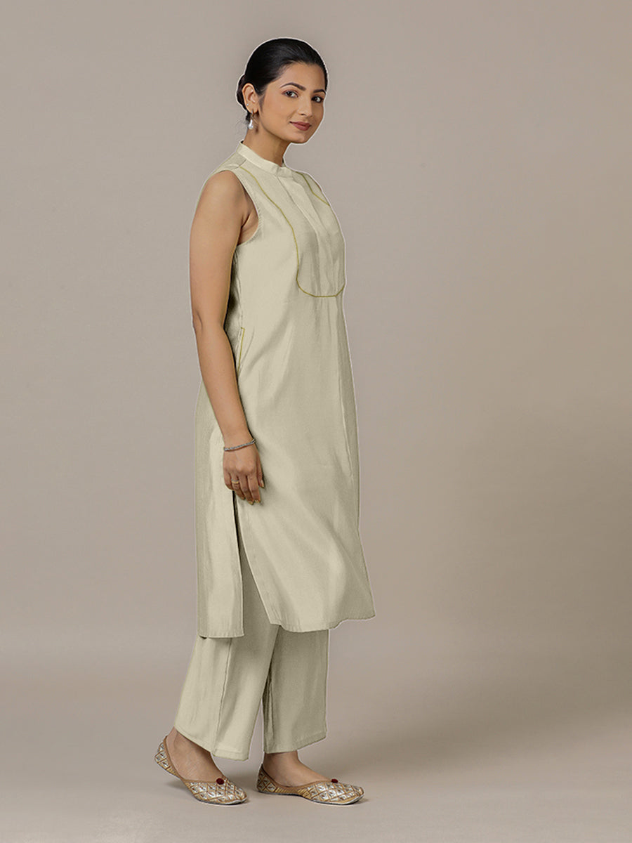Eira x Rozaana Kurta, in Cream Viscose, featuring sleeveless and band collar neckline, made for daily & work (view 7).