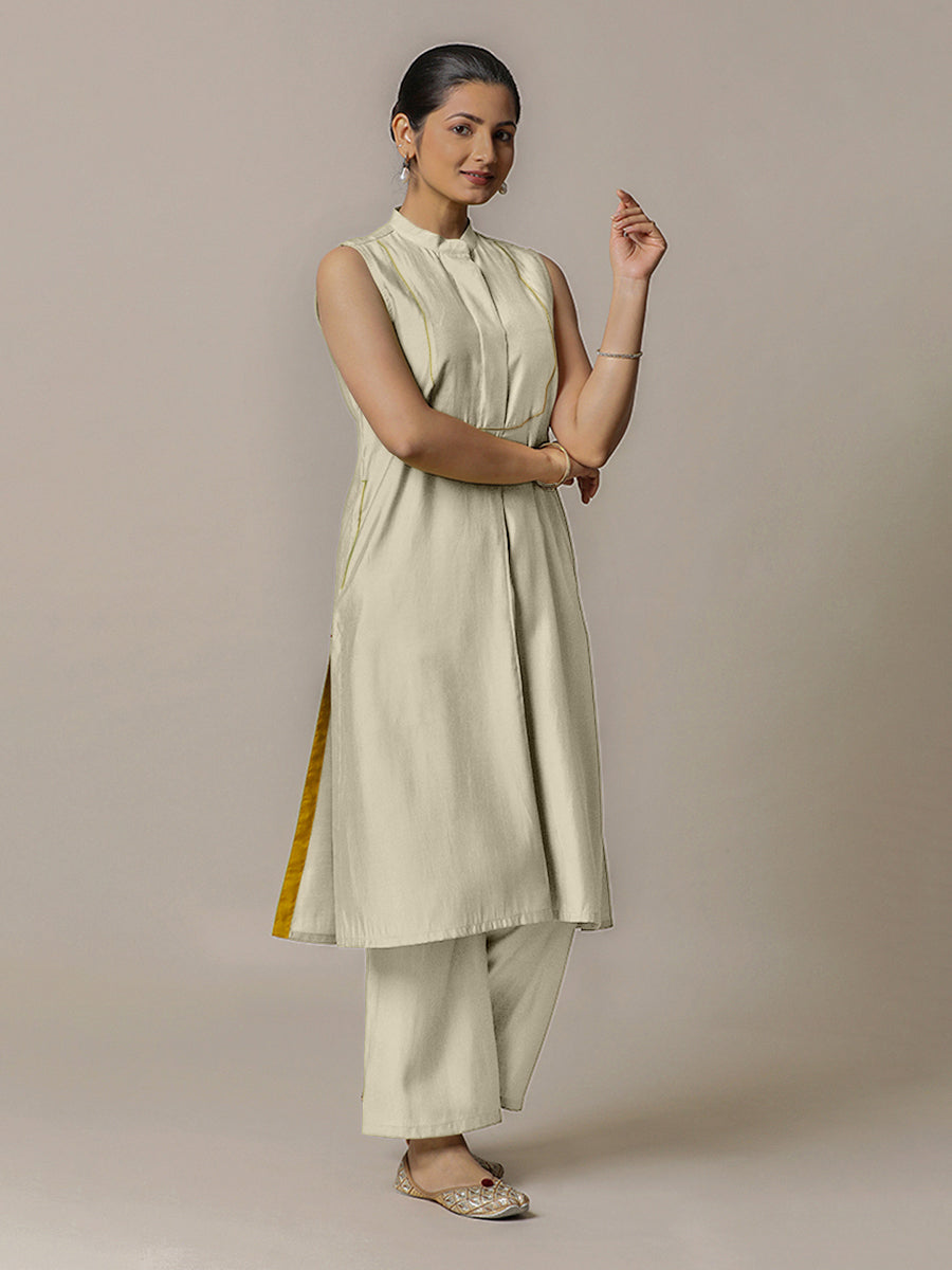Eira x Rozaana Kurta, in Cream Viscose, featuring sleeveless and band collar neckline, made for daily & work (view 8).