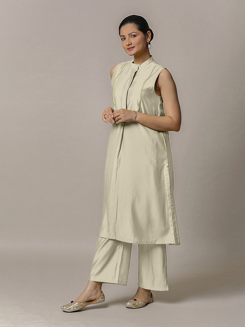Eira x Rozaana | A Line Kurta w/ Mandarin Collar in Ivory | Coords or Only Kurta-Binks