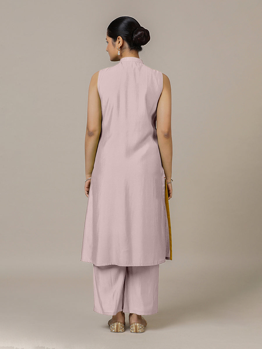Eira x Rozaana Kurta, in Purple Viscose, featuring sleeveless and band collar neckline, made for daily & work (view 2).
