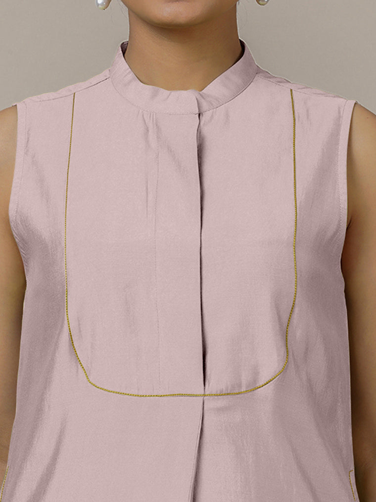 Eira x Rozaana Kurta, in Purple Viscose, featuring sleeveless and band collar neckline, made for daily & work (view 3).