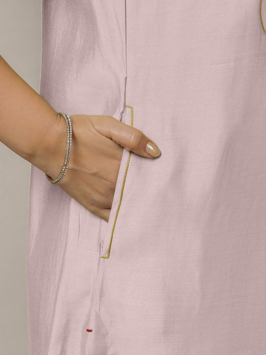 Eira x Rozaana Kurta, in Purple Viscose, featuring sleeveless and band collar neckline, made for daily & work (view 5).